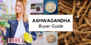 An informative 'Ashwagandha Buyer Guide' featuring a lady evaluating different Ashwagandha supplement packages, alongside an image of hands harvesting Ashwagandha crop. The guide also includes visuals of Ashwagandha root, powder, and supplements, emphasizing the variety of forms in which Ashwagandha is available for purchase.
